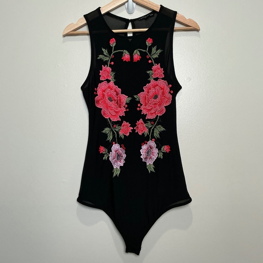 Haute Monde Bodysuit Womens M Black Floral Embroidery Mesh Sheer Boho Fairycore